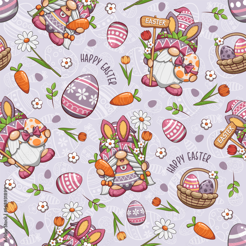 Seamless Pattern Happy Easter With Cute Gnome, Carrot, And Egg Basket Of Easter, Cute Cartoon Illustration Seamless Pattern Happy Easter With Cute Gnome, Carrot, And Egg Basket Of Easter, Cute Cartoon Illustration