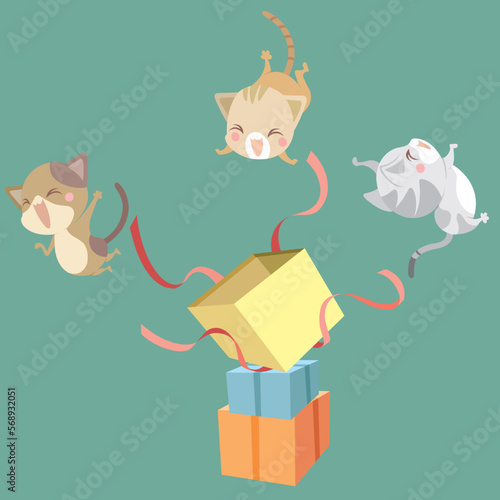 Three cats jump excitedly as the three gift boxes open