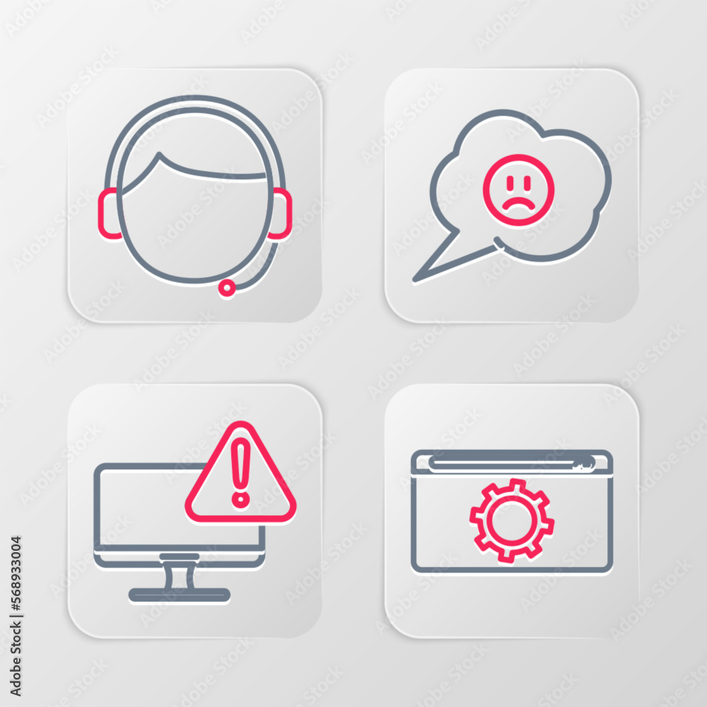 Set line Setting, Monitor with exclamation mark, Speech bubble sad smile and Man headset icon. Vector Set line Setting, Monitor with exclamation mark, Speech bubble sad smile and Man headset icon. Vector