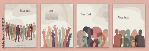 Silhouette group of multicultural women. International Women's day. Female social community of diverse culture.Racial equality.Colleagues.Empowerment or inclusion.Template banner poster