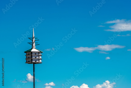 beautiful bird house with a blue sky,