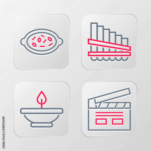 Set line Bollywood indian cinema, Aroma lamp, Pan flute and Kheer bowl icon. Vector