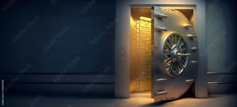 Gold Safe deposit with crypto money. Concept symbol of cryptocurrency safety in internet blockchain virtual. Copy space banner. Generation AI - obrazy, fototapety, plakaty 