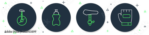 Set line Sport bottle with water, Bicycle seat, Unicycle one wheel bicycle and Gloves icon. Vector
