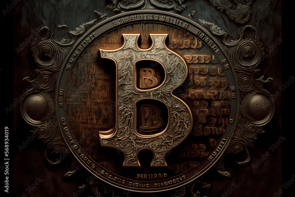 Bitcoin on dark Digital background. Generation AI. Concept Blockchain, invest cryptocurrencies bank Bitcoin on dark Digital background. Generation AI. Concept Blockchain, invest cryptocurrencies bank