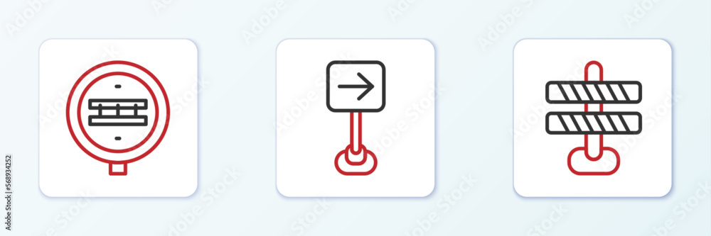 Set line Road barrier, Railroad crossing and Traffic sign turn right icon. Vector Set line Road barrier, Railroad crossing and Traffic sign turn right icon. Vector