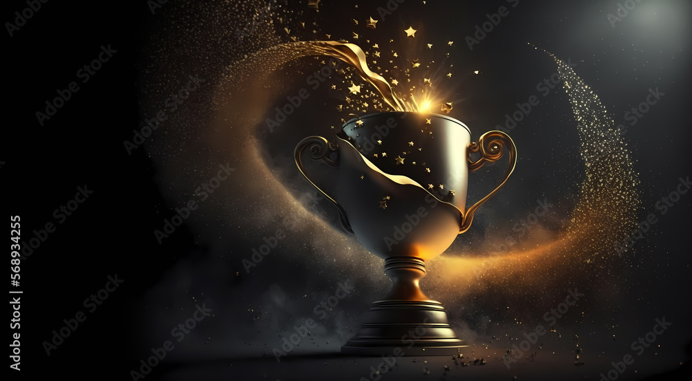 Cup Champion golden prize with splash of stars on dark background with sun light. Generation AI