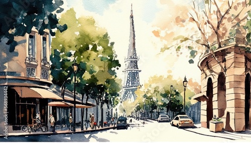 Fototapeta Naklejka Na Ścianę i Meble -  France street and eiffel tower watercolor painting, Generative AI illustration