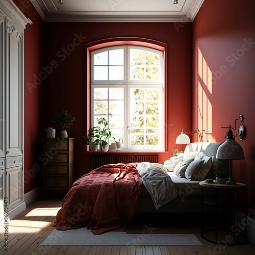 Bedroom with classic style decoration, painted in red. Ai Generative.