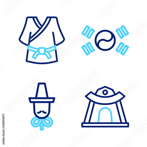 Set line Korean temple, hat, South flag and Kimono icon. Vector