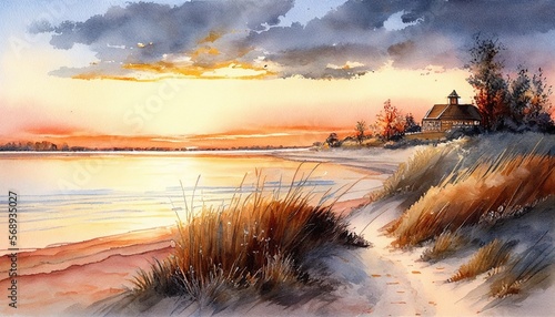 Watercolor painting sunset at the beach, orange sky Generative AI art © stock_santa
