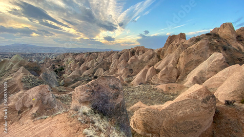 sunset landscape at sunset valley viewpoint in Cappadocia, Nevsehir, Turkey