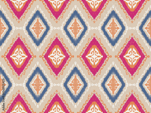 Ethnic Pattern oriental ikat Blue and Pink seamless pattern traditional Design for background carpet wallpaper clothing wrapping Batik fabric.  Illustration embroidery style.