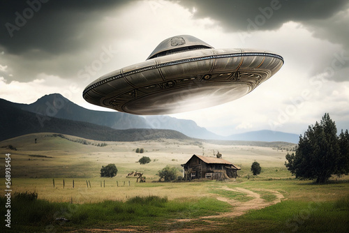generative ai  UFO flying over a ranch in the country