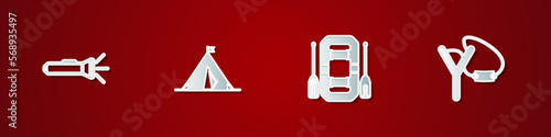 Set Flashlight, Tourist tent with flag, Rafting boat and Slingshot icon. Vector