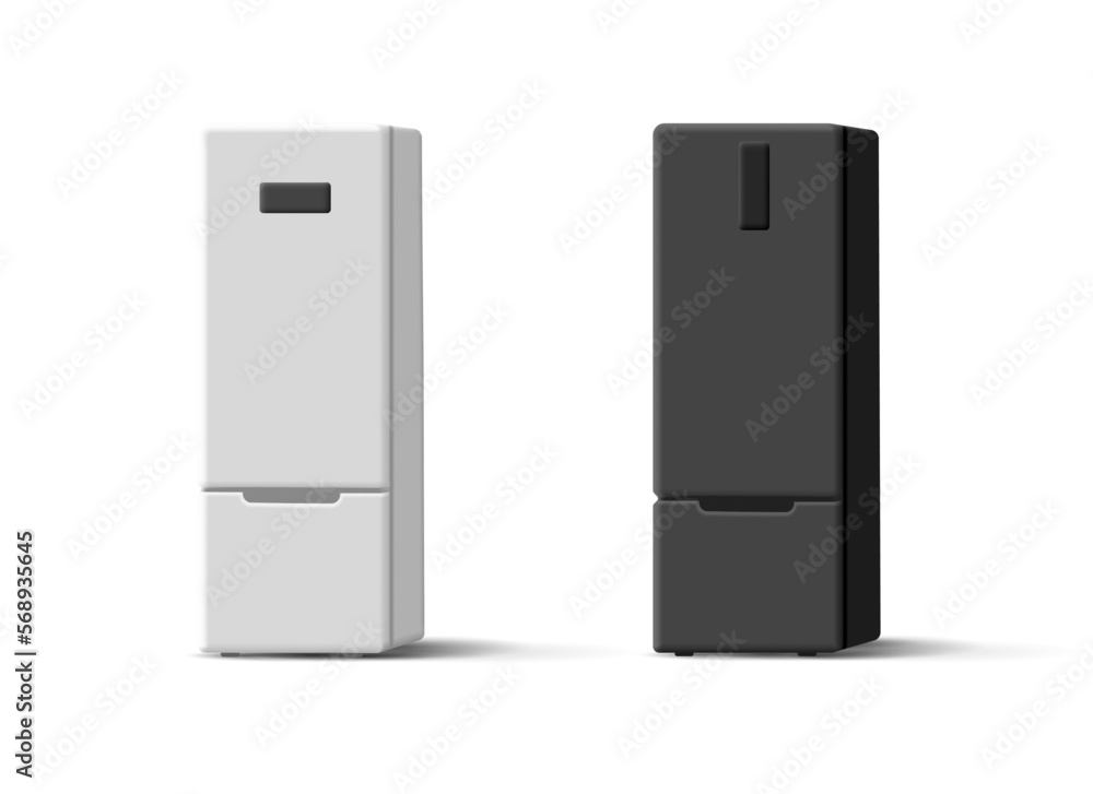 A set of modern closed refrigerators, black and white 3D with a freezer and an LED display. Home kitchen refrigerator for food storage. A set of modern closed refrigerators, black and white 3D with a freezer and an LED display. Home kitchen refrigerator for food storage.