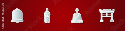 Set Church bell, Monk, Buddhist monk and Japan Gate icon. Vector