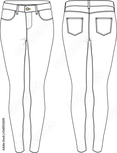 Skinny Denim long pants jeans fashion flat sketch template mock-up technical illustration