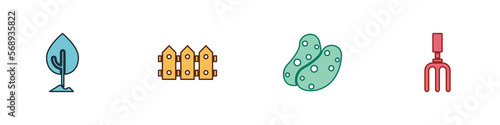 Set Tree, Garden fence wooden, Potato and rake icon. Vector