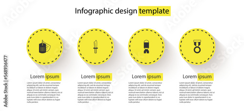 Set Military dog tag, knife, Rocket launcher and reward medal. Business infographic template. Vector