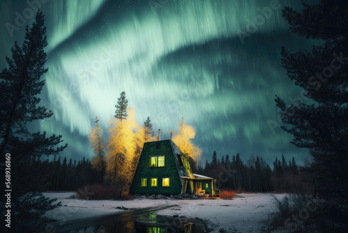 Majestic Aurora Landscape  House in the middle of a forest  Polar Lights in the Sky Wallpapers  Generative AI Digital Illustration