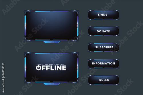 Futuristic live gaming overlay template design with blue color on a dark background. Stream screen interface elements vector for the online gamer. Live game frame border design with light effect.