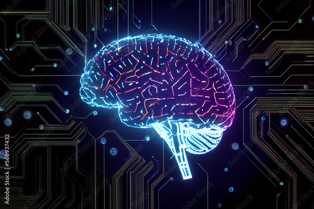 Leuchtendes menschlichen Gehirn mit Symbolen der Technologie drum herum. Künstliche Intelligenz Konzept - Generative Ai Leuchtendes menschlichen Gehirn mit Symbolen der Technologie drum herum. Künstliche Intelligenz Konzept - Generative Ai