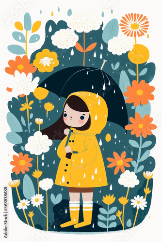 cute color block illustration of a girl in her rain suit and umbrella in a flower garden