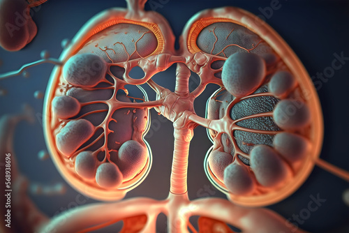 Innovaciones en medicina, trasplantes y creación de órganos humanos. Biología sintética y bioingeniería de tejidos. riñón bioartificial en formación y máquinas de diálisis en desarrollo.Ai generada. photo