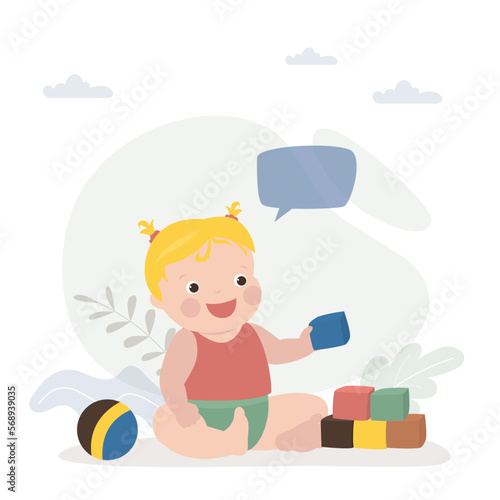 Funny kid plays with cubes and ball. Infant girl plays with toys. Caucasian baby character, newborn boy. Cute baby sits on floor with different toys. Playtime, childhood.