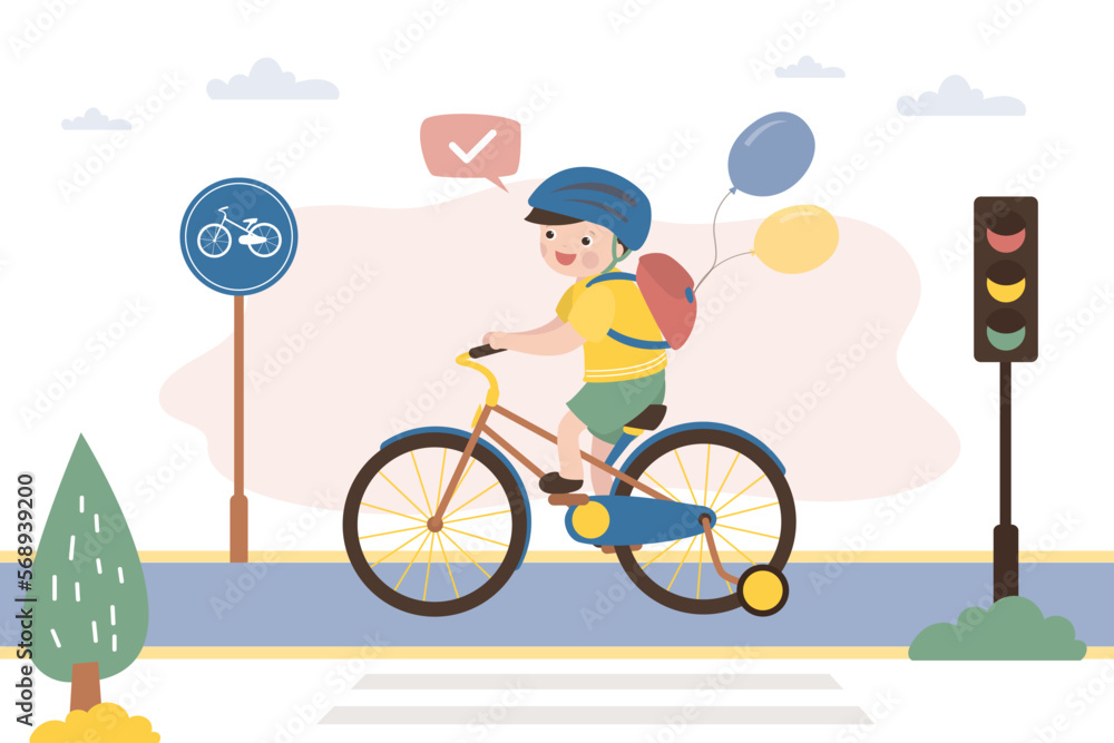 Caucasian schoolboy rides bicycle on special bike lane. Safe movement, eco-friendly and safe transport for little child. Fun time spending, sports. Cute boy cyclist. City road, urban landscape. Caucasian schoolboy rides bicycle on special bike lane. Safe movement, eco-friendly and safe transport for little child. Fun time spending, sports. Cute boy cyclist. City road, urban landscape.