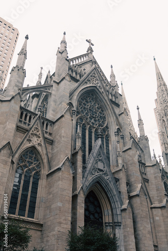 low angle view of ancient St Patricks Cathedral near trees in New York City. photo