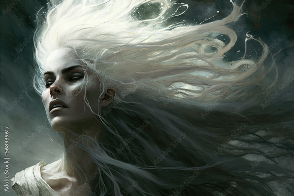 A banshee with ghostly white hair, wailing in the wind. Digital art painting, Fantasy art, Wallpaper