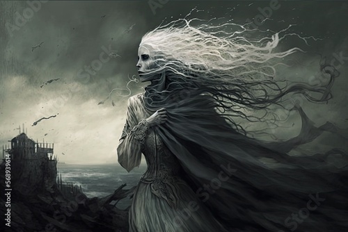 A banshee with ghostly white hair, wailing in the wind. Digital art painting, Fantasy art, Wallpaper