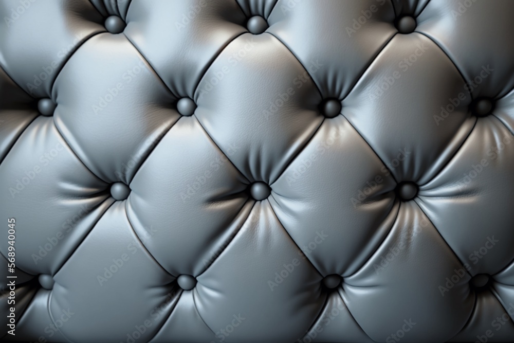 Fototapeta premium Gray leather quilted cushion background, couch texture closeup studded with buttons, seamless pattern for design, wallpaper