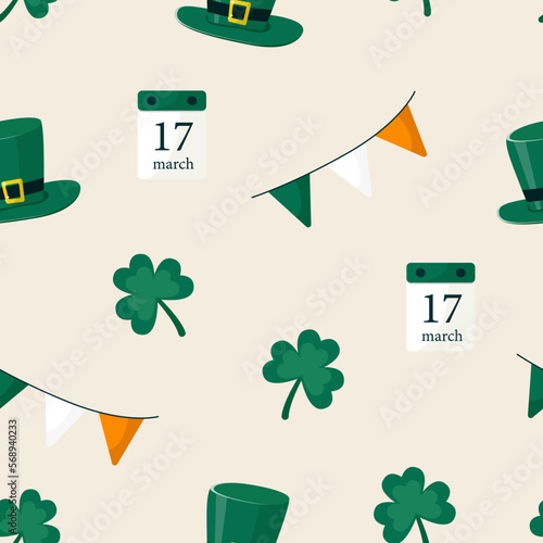 Seamless pattern with shamrock, green hat, ireland flags and calendar. St patricks day. Flat vector