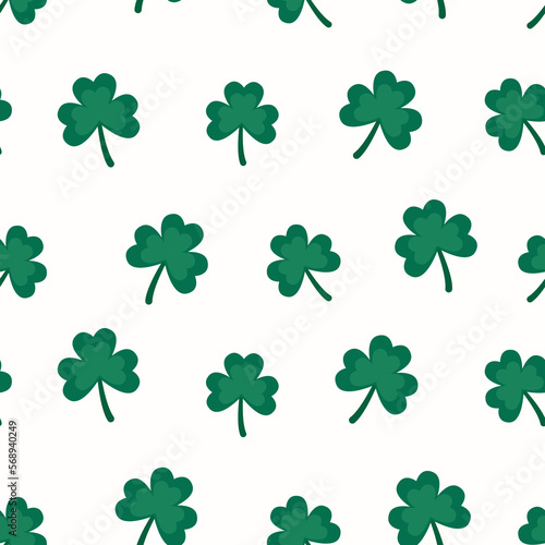 Seamless pattern with shamrock. Green clover on white background. Irish objects