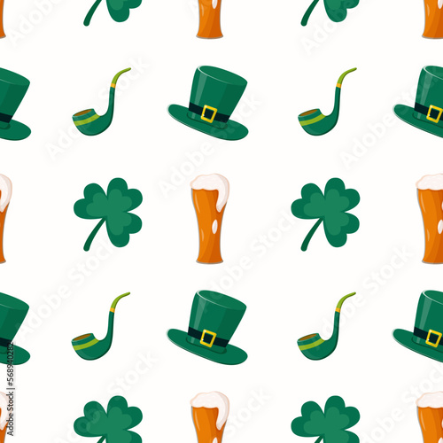 Seamless pattern with green hats, beer, shamrock, smoking pipe. Saint patricks day attributes. Flat style vector