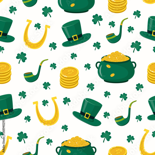 Seamless pattern with shamrock, green hat, coins, gold horseshoe, smoking pipe. Irish objects for saint patricks day