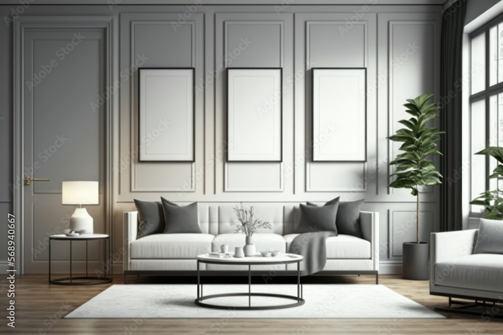 Fototapeta premium Mockup Frame in Interior design of modern apartment, living room with sofa and coffee tables