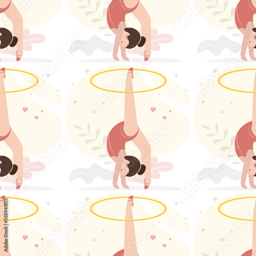 Little girl gymnast in sportswear with sports hoop, sea,less pattern, template. Rhythmic gymnastics classes, caucasian little child with sports equipment. Texture background, wallpaper.