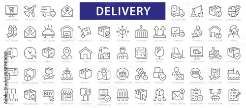 Delivery line icons set. 60 icon delivery, shipping, logistics symbols. Outline icons collection.