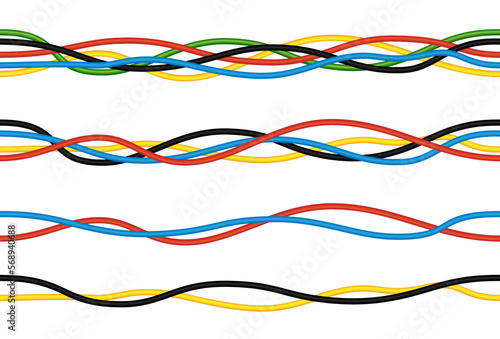 Electrical black waved cable. Vector seamless border.