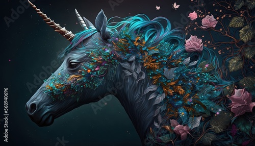 colorful enchanted unicorn horse in magic forest, Generative Ai