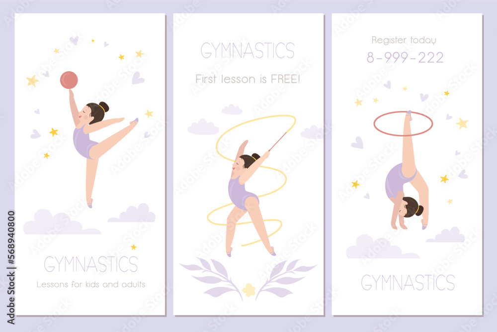 Cards or promotional banner gymnastic school template. Sport studio or ...