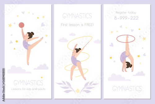 Cards or promotional banner gymnastic school template. Sport studio or class flyer. Little baby gymnast in different poses. Cute sports girl characters. Mobile app design.