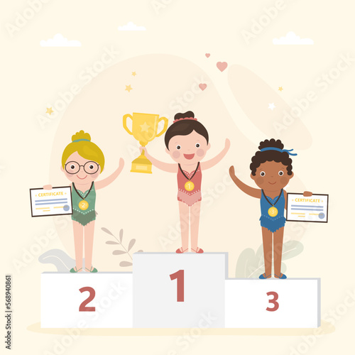 Happy multiethnic girls in sportswear stand on podium. Winner reward ceremony. Award ceremony after sports competitions. Lovely girls with certificates and medals. Winner and losers.