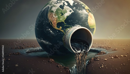 Earth globe vomit dirty water pour to floor, Generative Ai