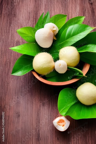 Front view of fresh ripe lychee fruit and peeled lychee with green leaves on wooden bowl and blur garden background - generative ai