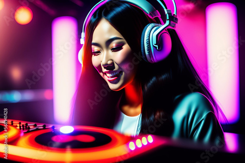 Generative AI abstract painting of beautiful Asian DJ woman in headphones. Nightclub, party, music concept photo